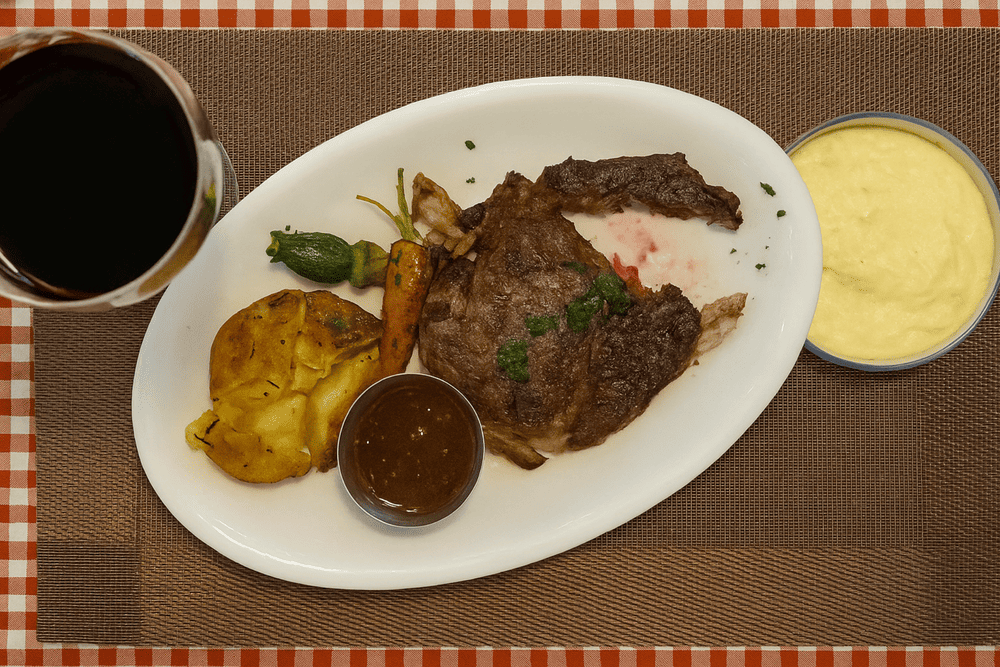 Australian steaks at Butcher Steak are perfectly grilled and served with creamy salad